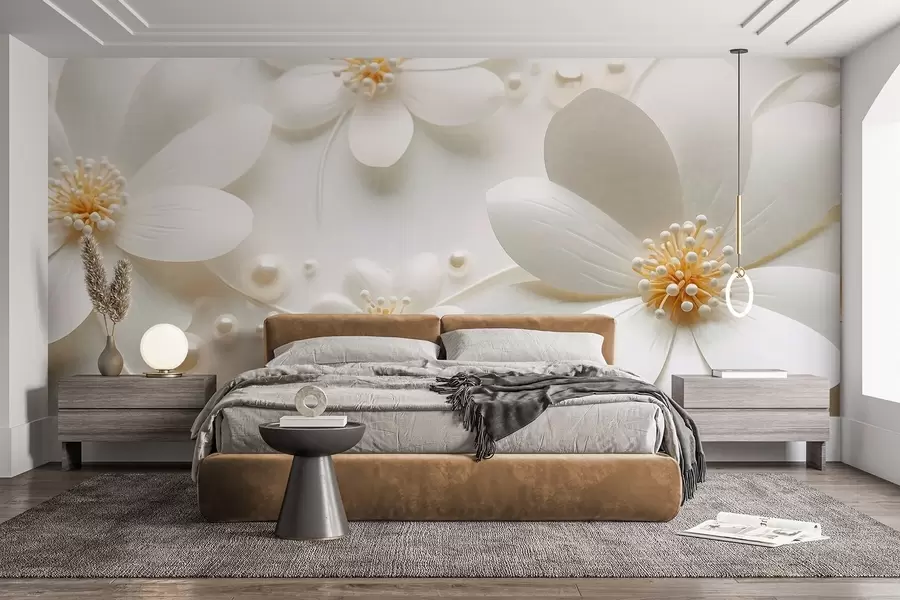 murales de pared Flores blancas con perlas esparcidas sobre un fondo blanco, diseño elegante y minimalista, con textura w09535