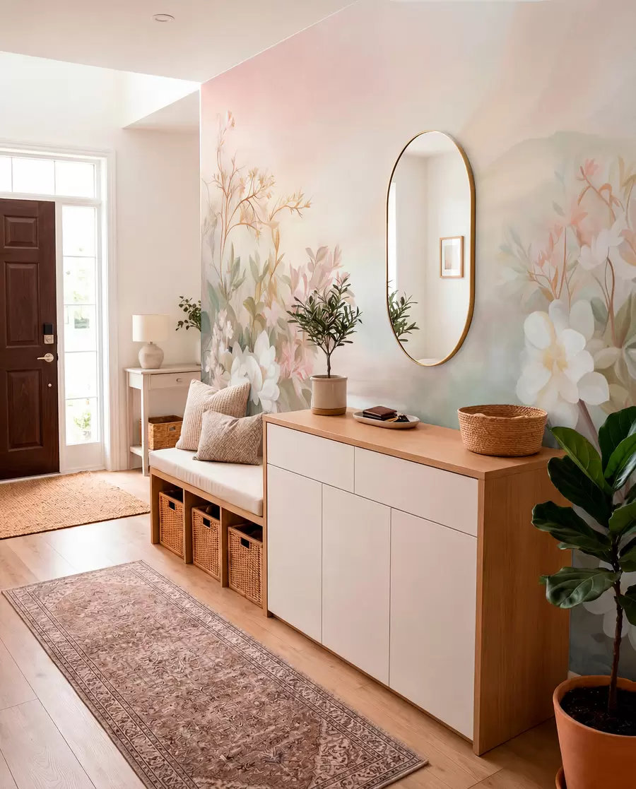 murales de pared Un paisaje con un río rodeado de flores y plantas, colores suaves, cielo rosado, estilo con textura de acuarela w09537
