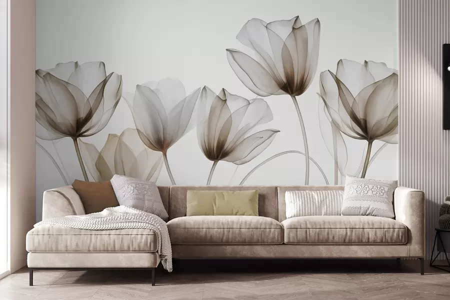 murales de pared Flores de tulipán translúcidas de color marrón y blanco con tallos largos, sobre un fondo claro, delicadas y con textura, arte floral w09538v1