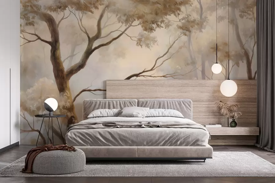 murales de pared El bosque envuelto en la ligera niebla matinal. Una delicada pintura atmosférica al estilo de un paisaje artístico w04817