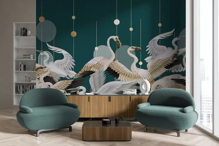 murales de pared Una bandada de flamencos blancos con delicadas alas, sobre un fondo verde azulado oscuro con líneas y círculos amarillos w09546