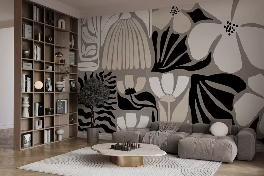 murales de pared Flores y hojas estilizadas de estilo minimalista moderno en beige, negro y blanco, con textura sobre fondo gris w09547