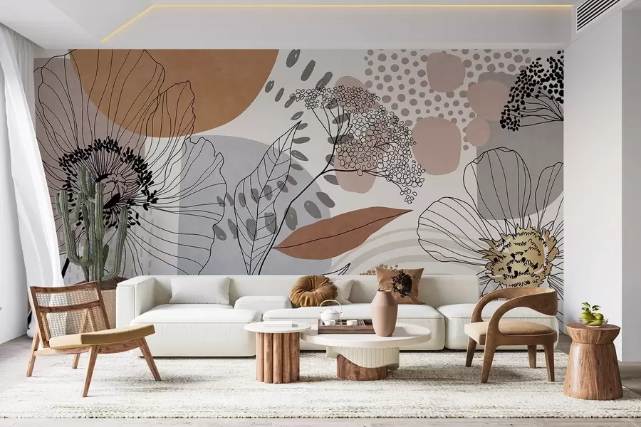 murales de pared Estampado abstracto con textura floral, flores de trazo fino, hojas y formas orgánicas en tonos apagados de marrón, beige y gris w09548