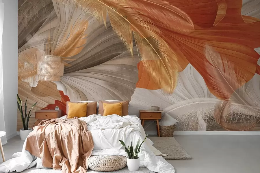 murales de pared Formas abstractas grandes y fluidas con textura en colores crema y óxido con delicadas plumas amarillas, beige y marrones w09549