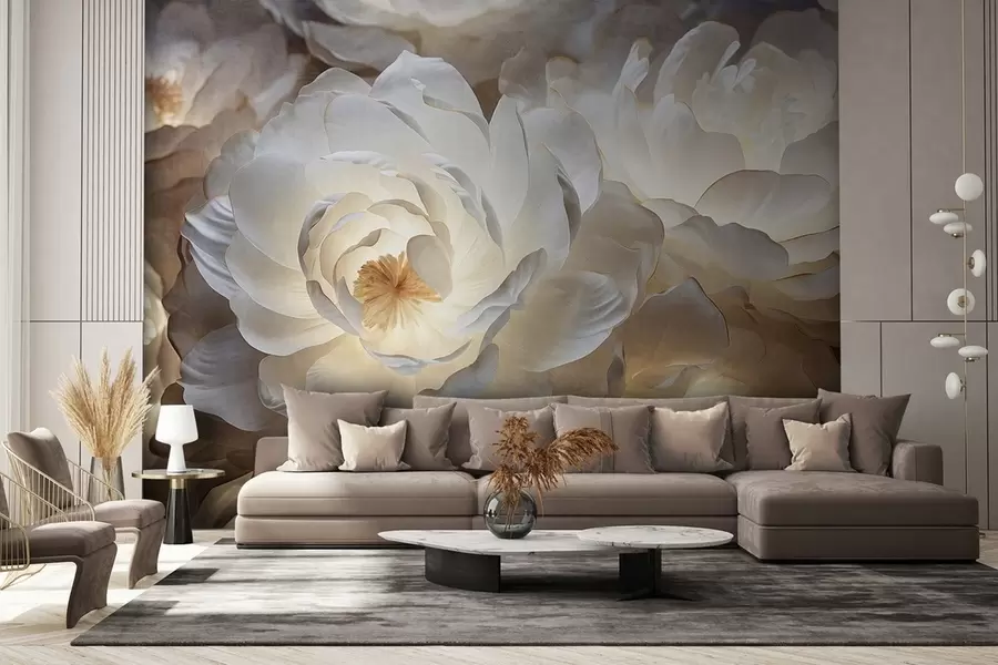 murales de pared Grandes flores de peonía blancas con centros amarillos, iluminación suave y pétalos delicados con textura en capas w09550