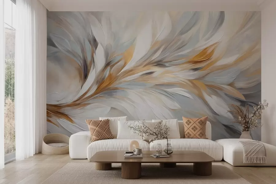 murales de pared Estilo de pintura abstracta con pinceladas texturizadas en blanco, amarillo y gris sobre un fondo suave y claro w09552