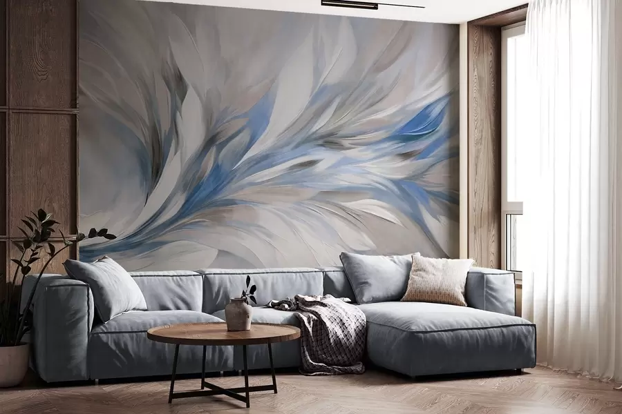 murales de pared Estilo de pintura abstracta con pinceladas texturizadas en blanco, azul y gris sobre un fondo suave y claro w09552v1