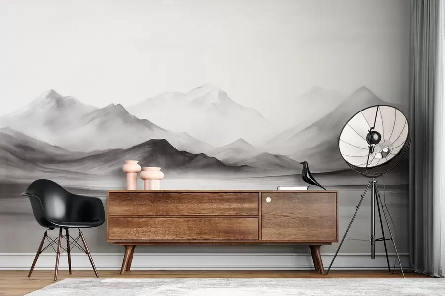 murales de pared Un paisaje monocromático con textura, montañas brumosas y un lago en primer plano w09555