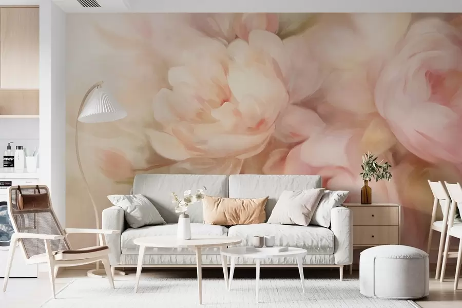 murales de pared Peonías difuminadas en rosa pálido y crema con suaves pinceladas pictóricas, creando un arreglo floral con textura w09556