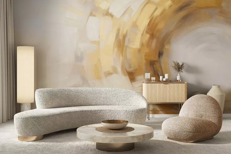 murales de pared Imitación de pintura abstracta con pinceladas circulares texturizadas en amarillo y blanco, creando una sensación de movimiento w09558