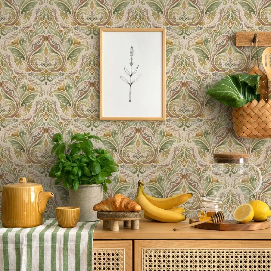 murales de pared Remolinos de hojas en acuarela en tonos verdes y ocres cálidos. a00927