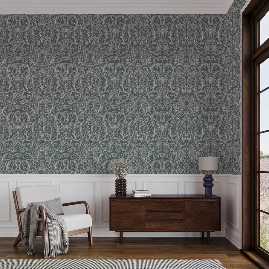 murales de pared Adorno floral lineal sobre fondo gris azulado. a00929v1