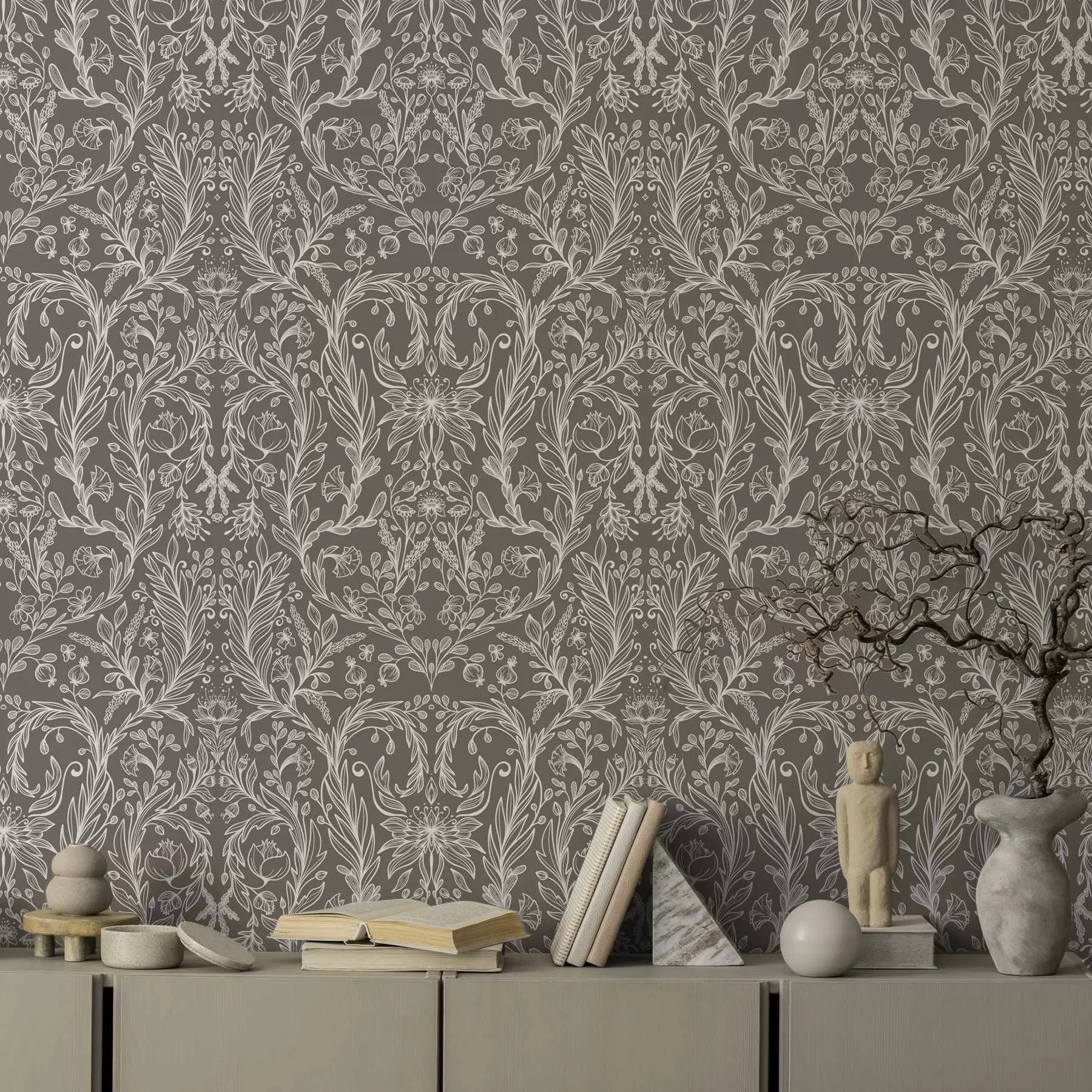 murales de pared Estampado botánico monocromático en marrón cálido a00929v2