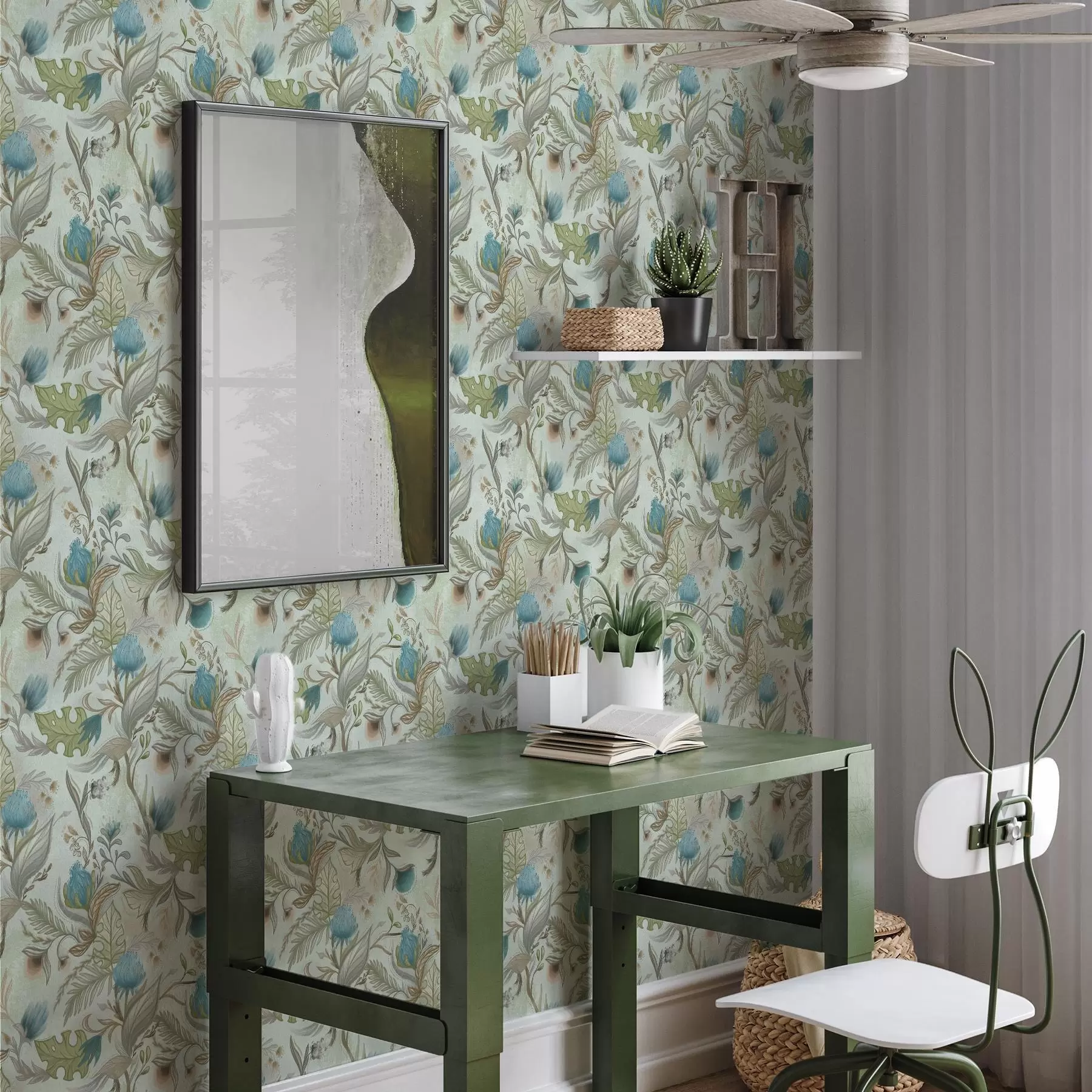 murales de pared Flores azules y vegetación sobre un suave fondo menta a00930v1