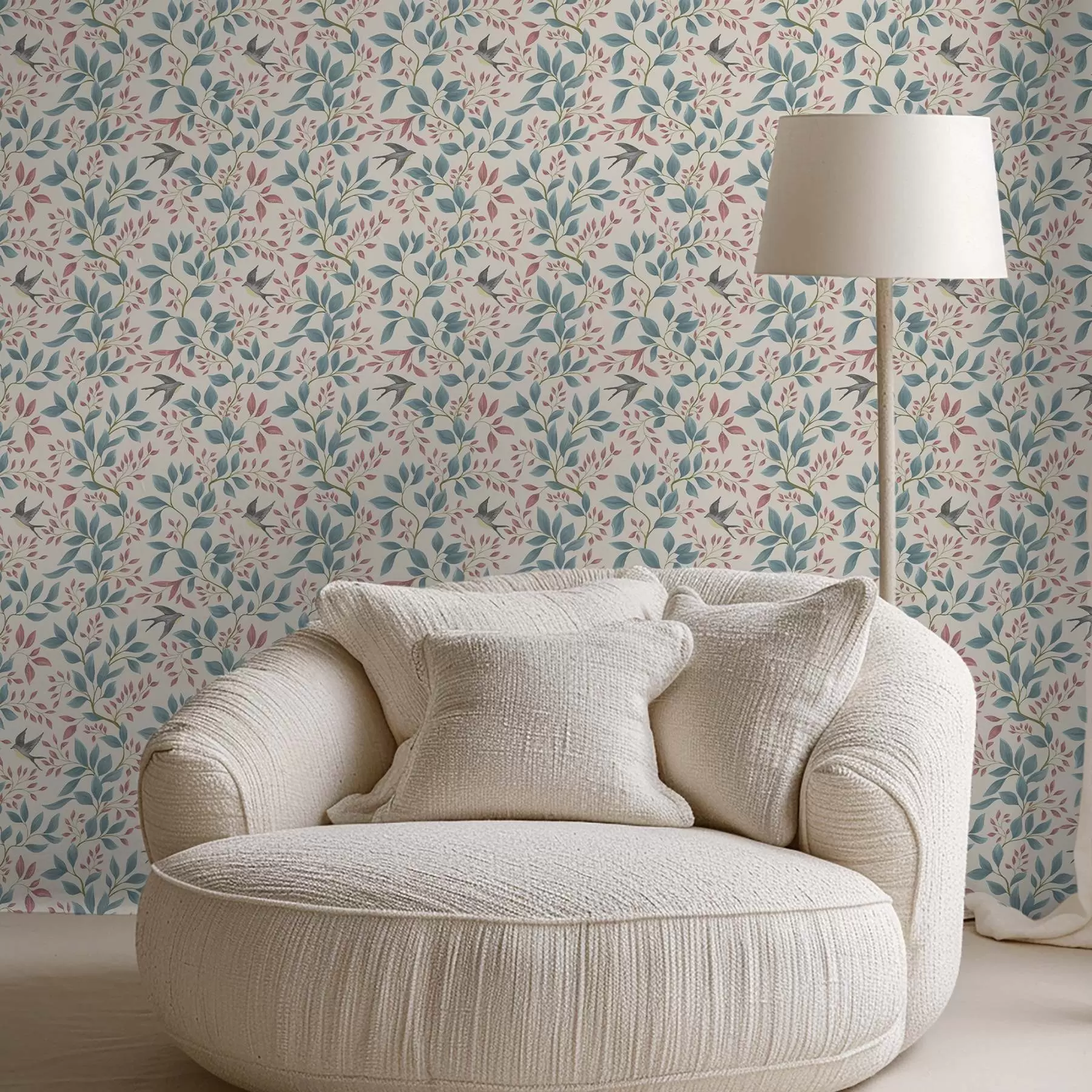 murales de pared Ramitas azules y rosas con pájaros sobre fondo crema a00933