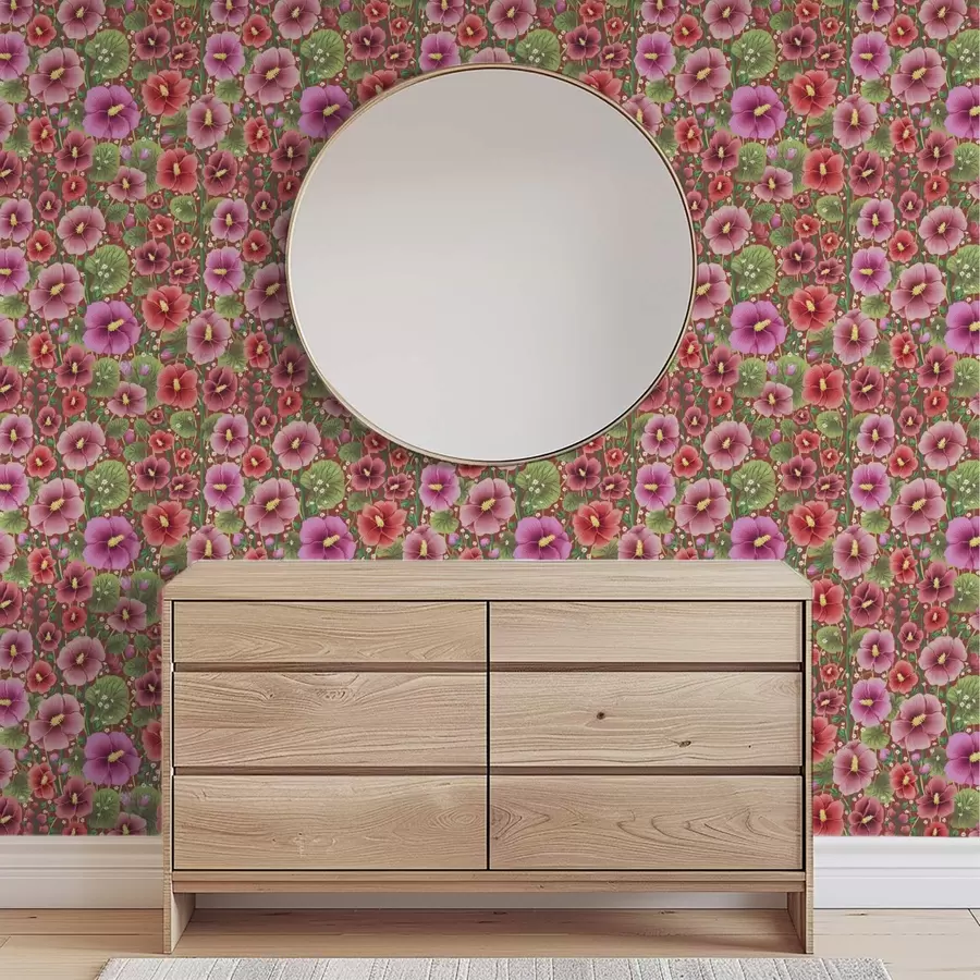 murales de pared Hibisco en flor sobre un cálido fondo marrón rojizo. a00993v1