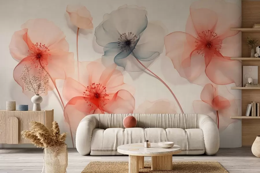 murales de pared Flores translúcidas en tonos rojos y azules w09515