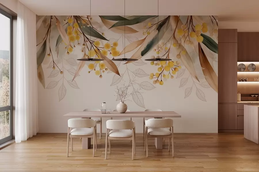 murales de pared flores y hojas de mimosa cayendo desde arriba en estilo acuarela w04880