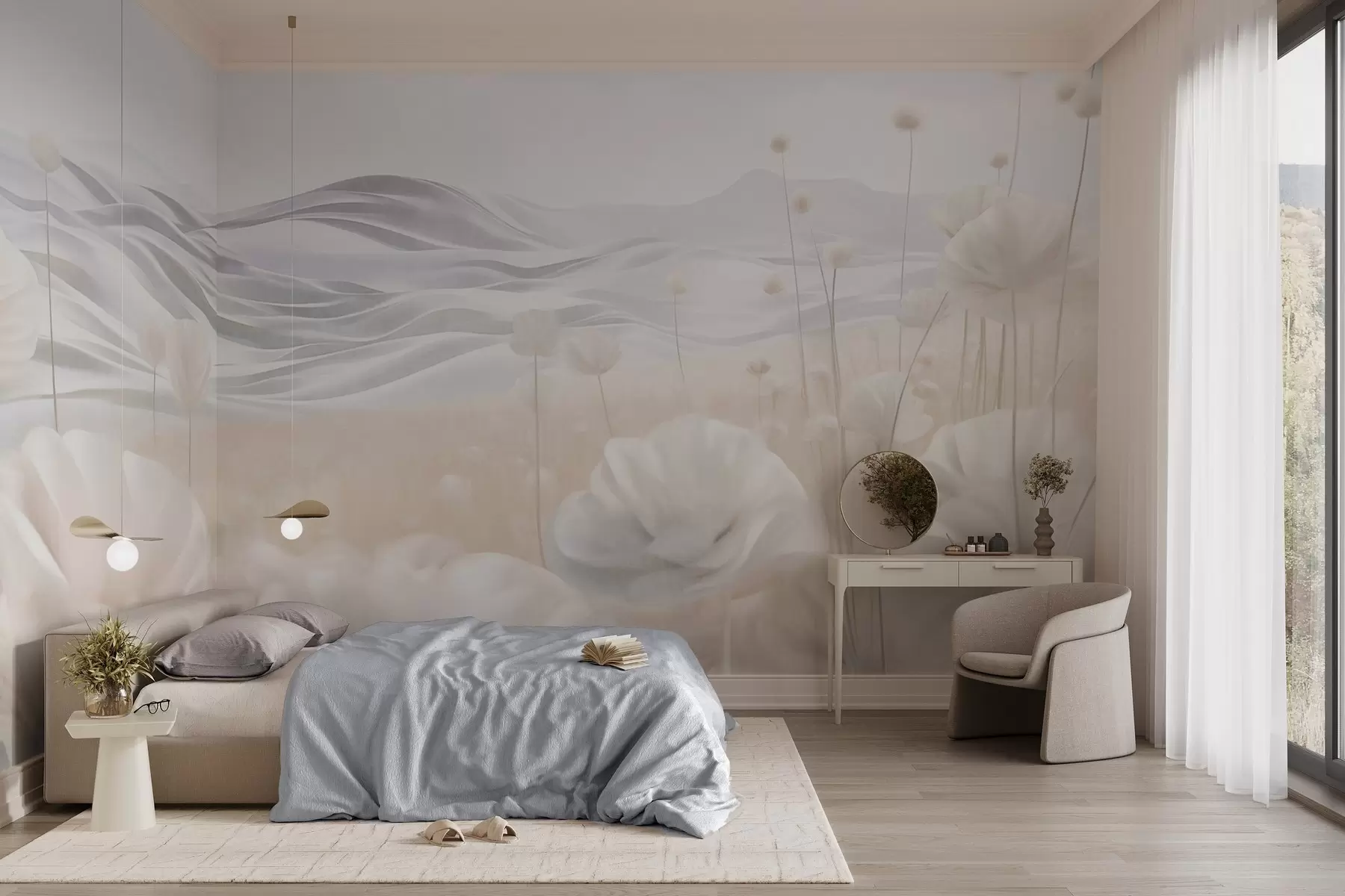 murales de pared Campo texturizado de amapolas cremosas con colinas onduladas bajo un cielo azul pálido con nubes suaves, colores pastel w09553