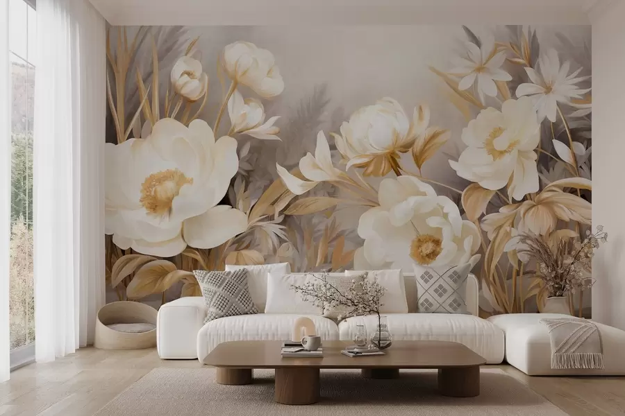 murales de pared Peonías blancas y amarillas y otras flores con hierba alta y hojas en un estilo suave y pictórico con textura w09494