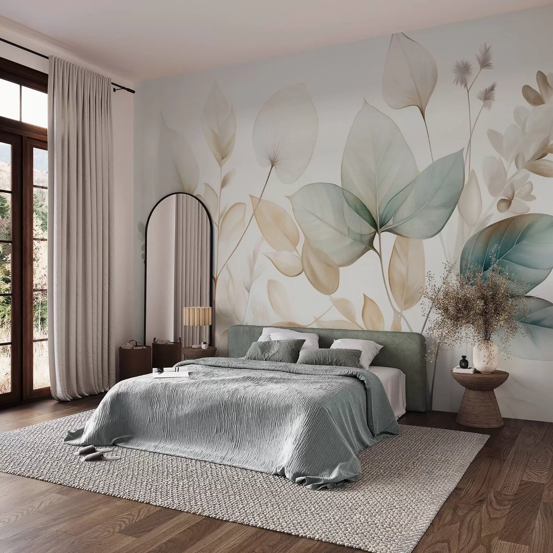 murales de pared Hojas translúcidas con textura en tonos apagados de beige y verde azulado, con tallos delicados sobre un fondo suave y claro w09583