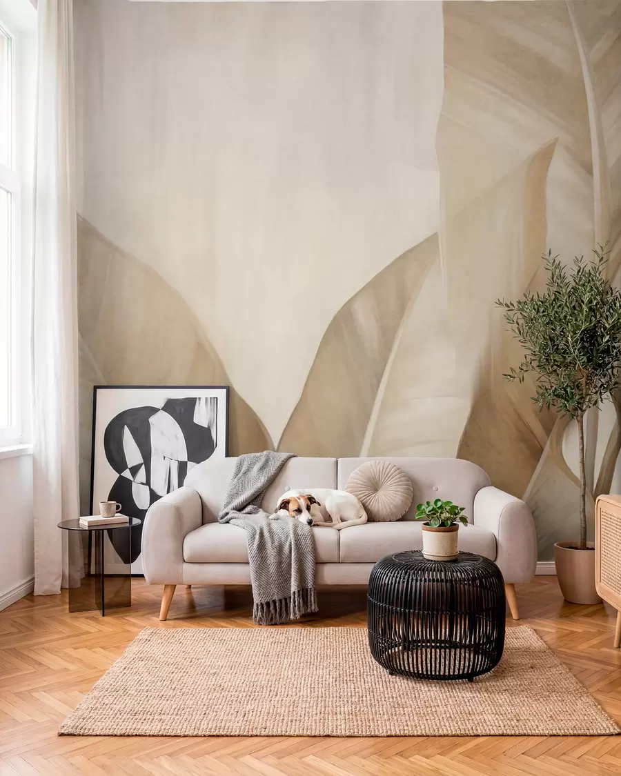 murales de pared Hojas de plátano grandes y texturizadas de color marrón claro sobre un fondo beige claro, con una estética suave y minimalista w09586