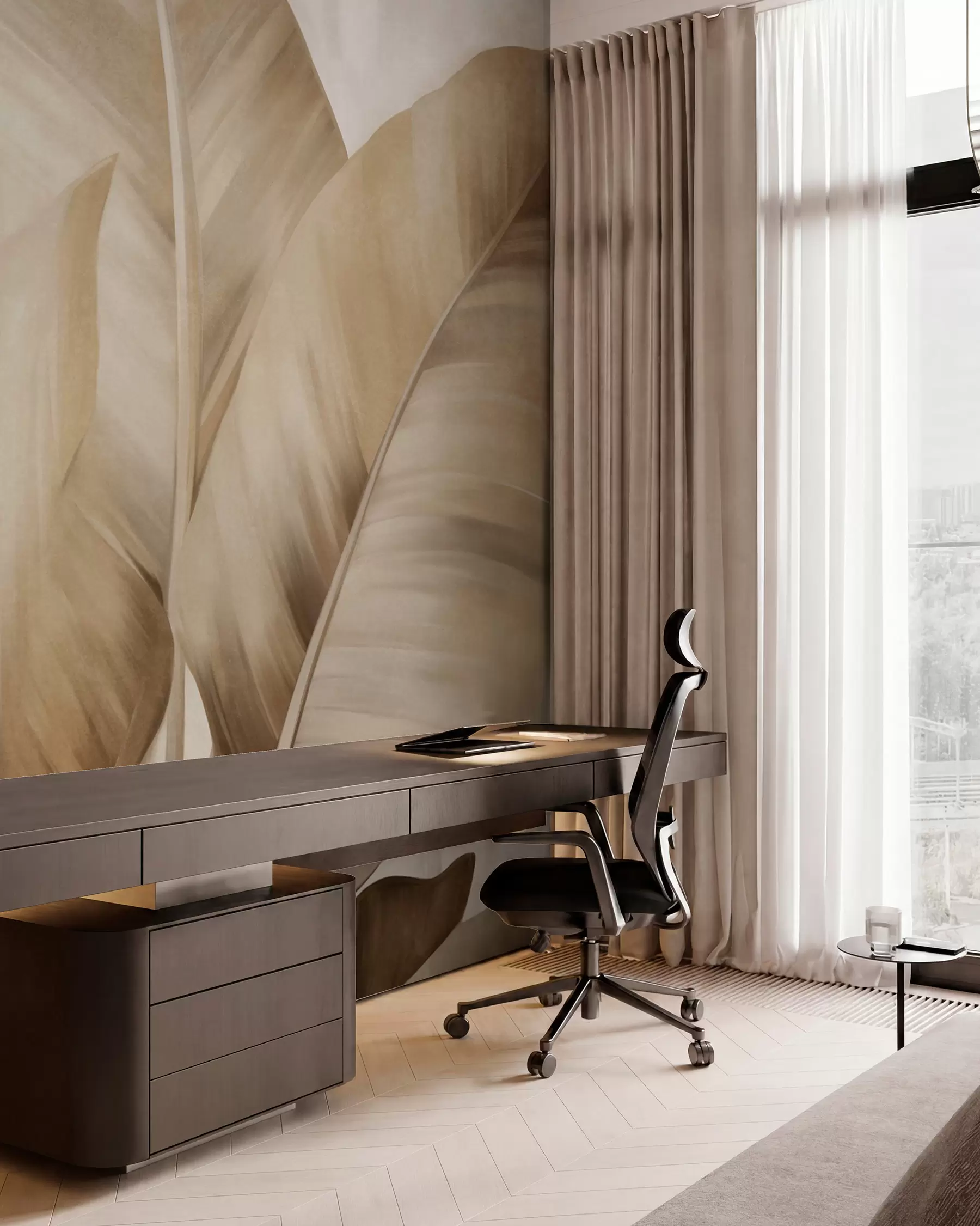 murales de pared Hojas de plátano grandes y texturizadas de color marrón claro sobre un fondo beige claro, con una estética suave y minimalista w09586