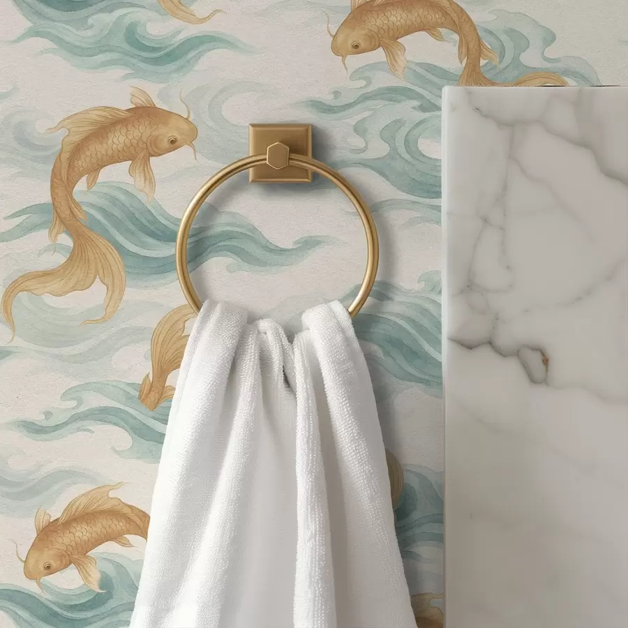 murales de pared Peces koi ámbar nadando entre suaves olas turquesas a00894