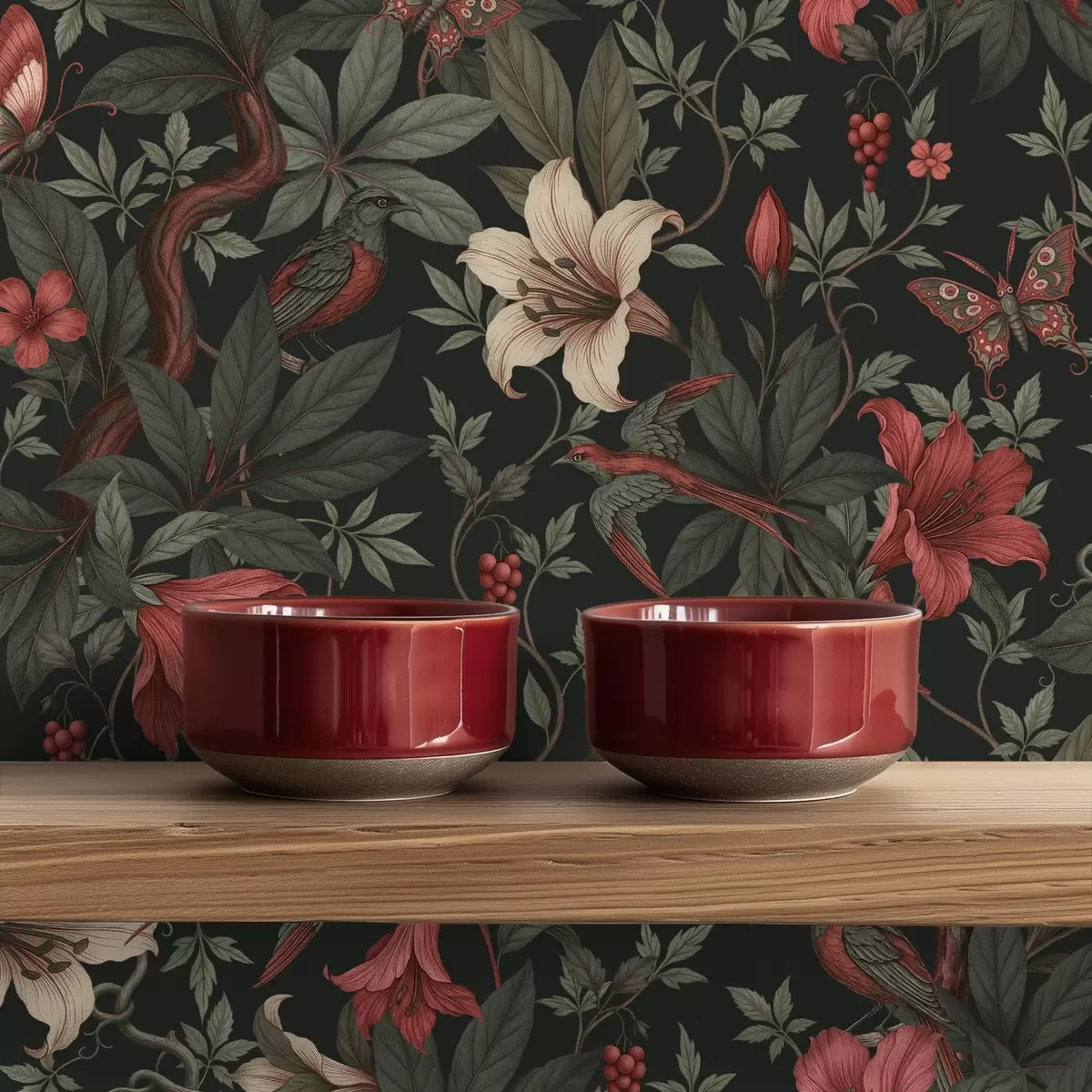 Papel pintado Flores oscuras de la selva con pájaros y mariposas a00895