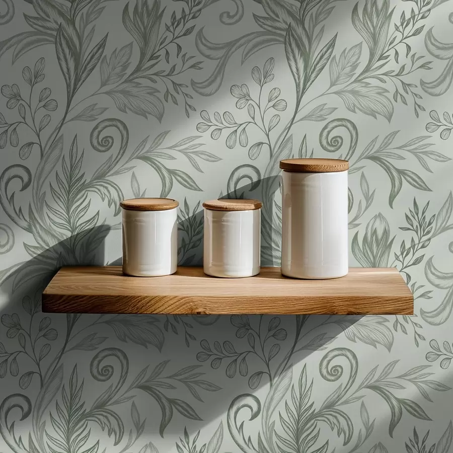 murales de pared Hojas rizadas de menta suave con delicadas líneas gris verdosas. a00935v3