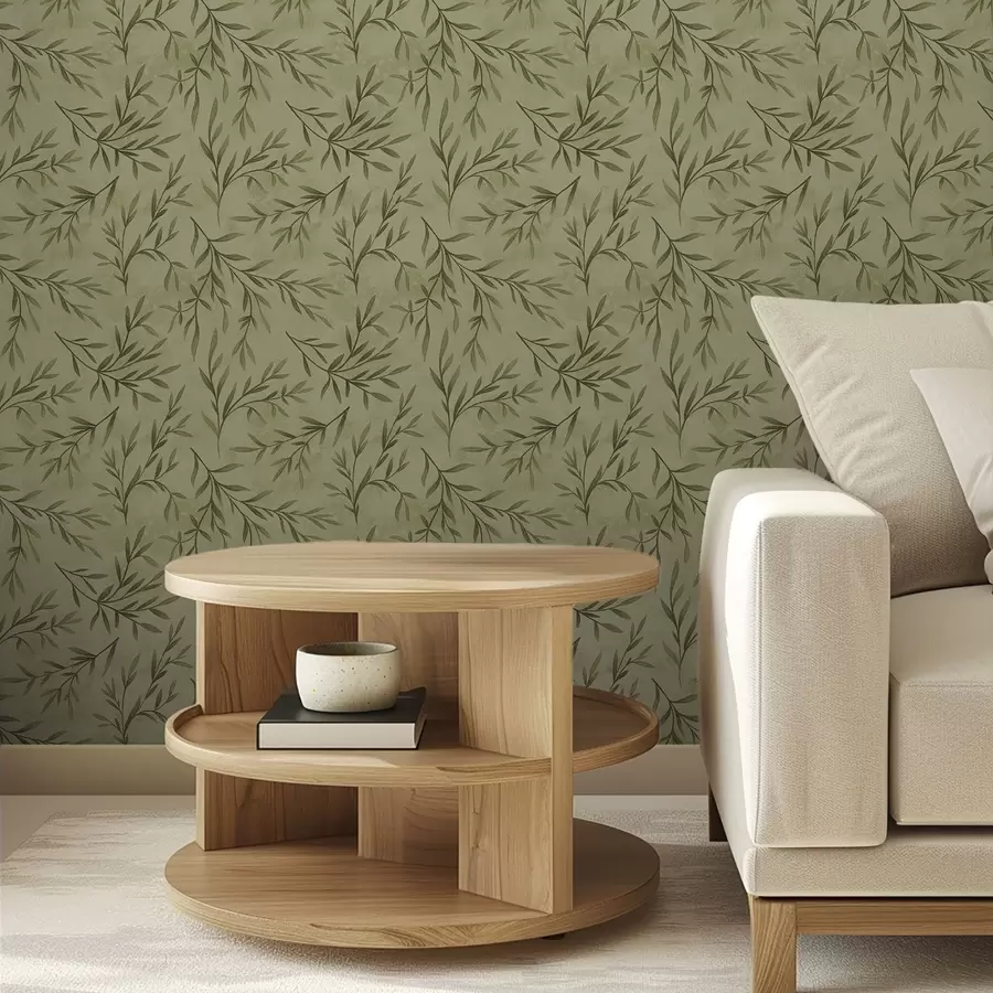 murales de pared Ramitas de olivo sobre un fondo texturizado de color amarillo verdoso apagado a00936