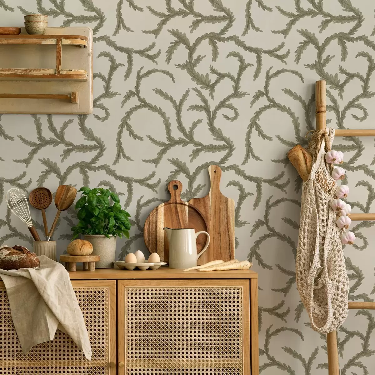 Papel pintado Suaves rizos verdes de coníferas sobre un fondo claro. a00938