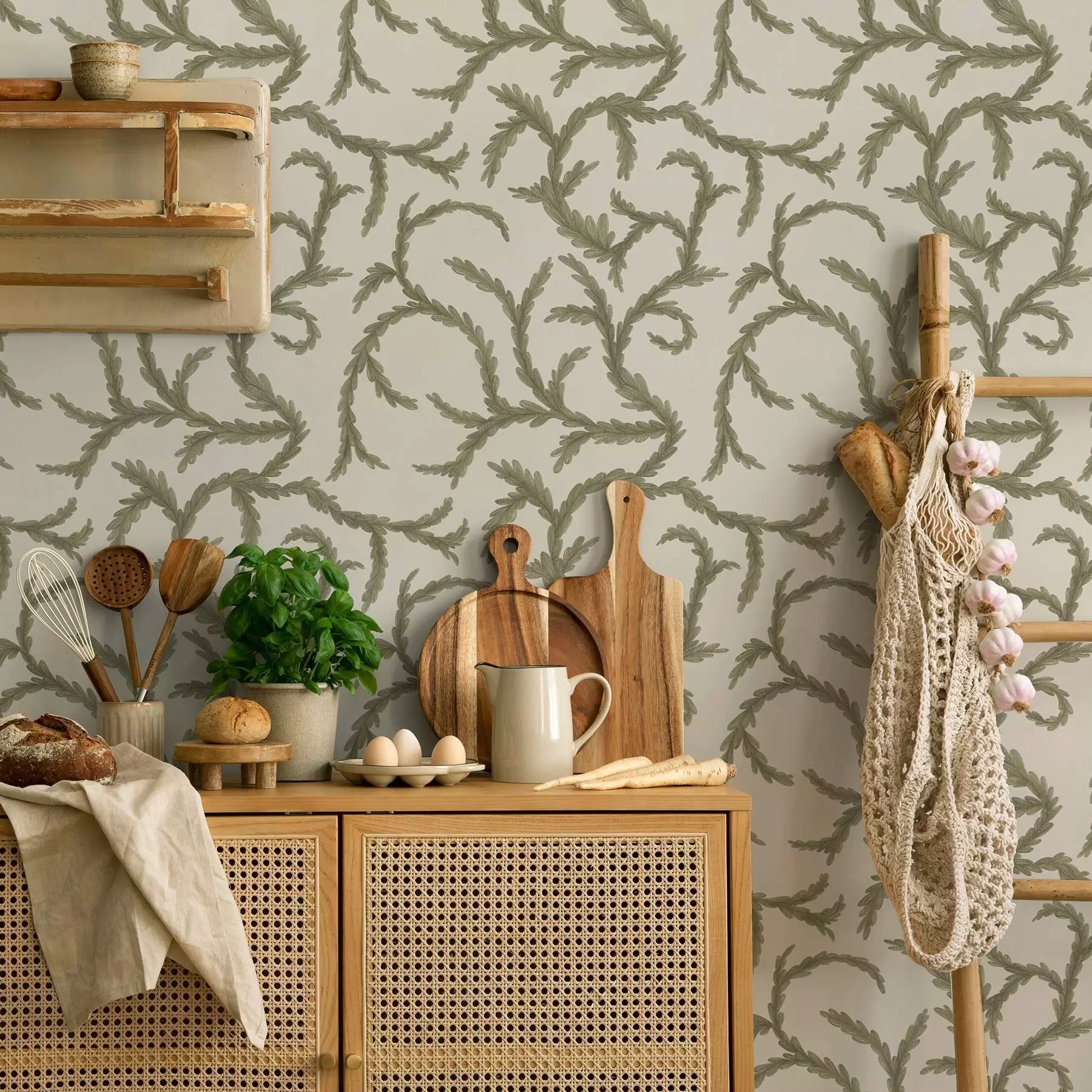 murales de pared Suaves rizos verdes de coníferas sobre un fondo claro a00938