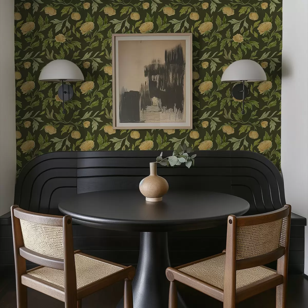 Papel pintado Peonías amarillas sobre un fondo verde oscuro intenso. a00942v1