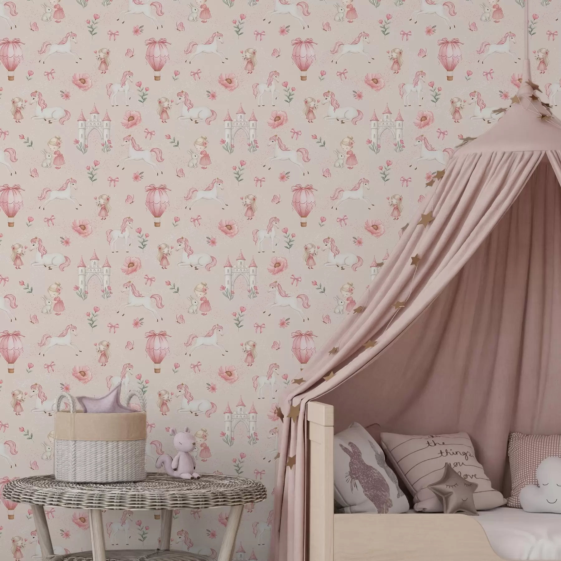 murales de pared Unicornios rosas, niñas pequeñas y un castillo sobre un fondo suave a00957