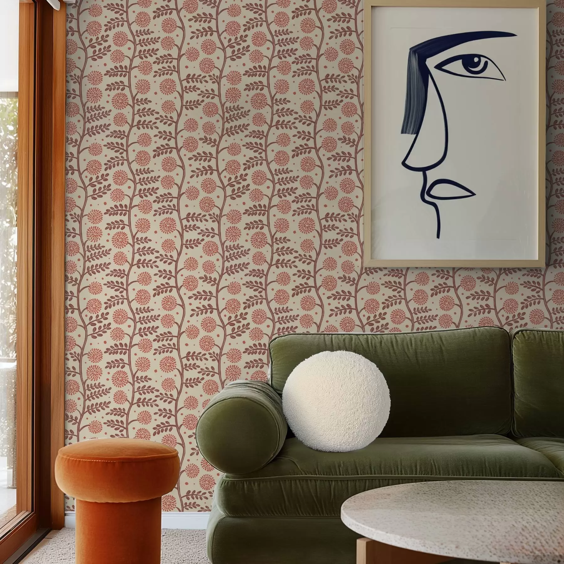 murales de pared Tallos de terracota con flores coralinas y esponjosas sobre fondo crema a00997v1