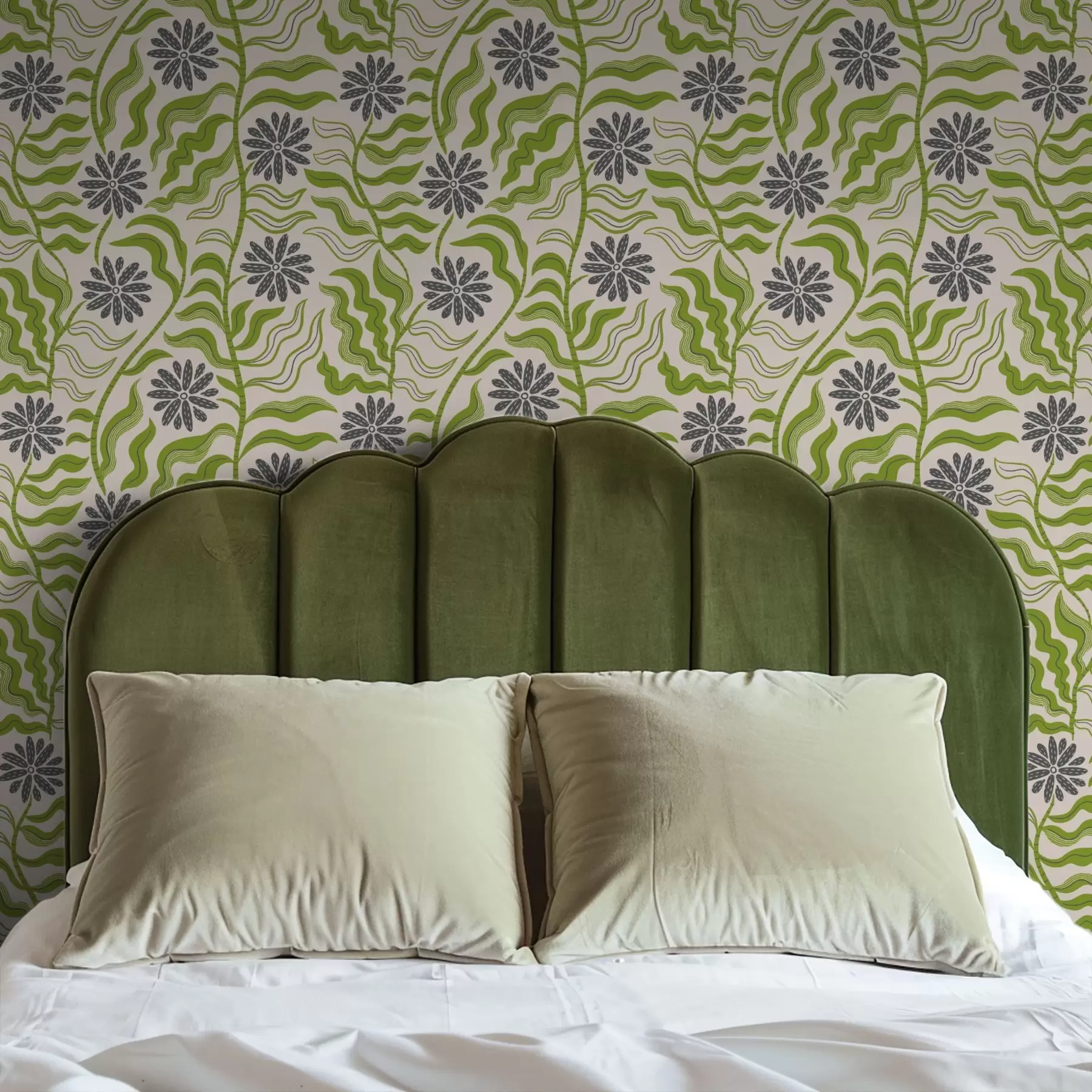 murales de pared Divertidas margaritas verdes con hojas onduladas sobre fondo crema a00998