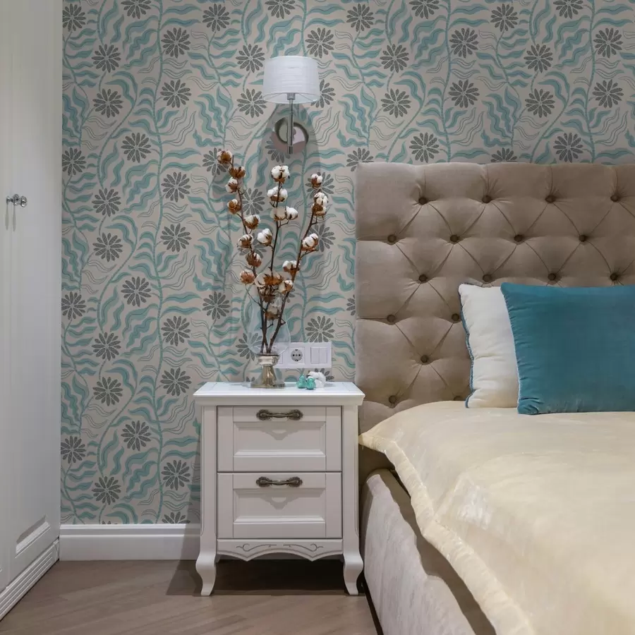 murales de pared Flores abstractas y hojas onduladas en suaves tonos azules. a00998v1