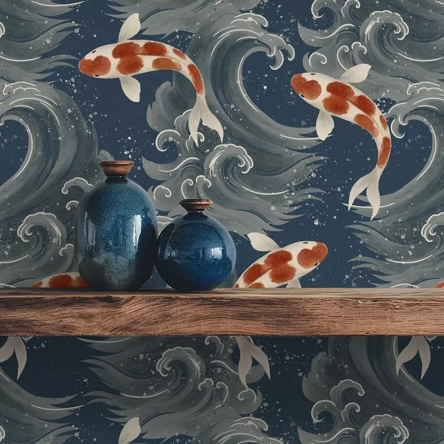 murales de pared Peces koi nadando entre espectaculares olas oceánicas a01019