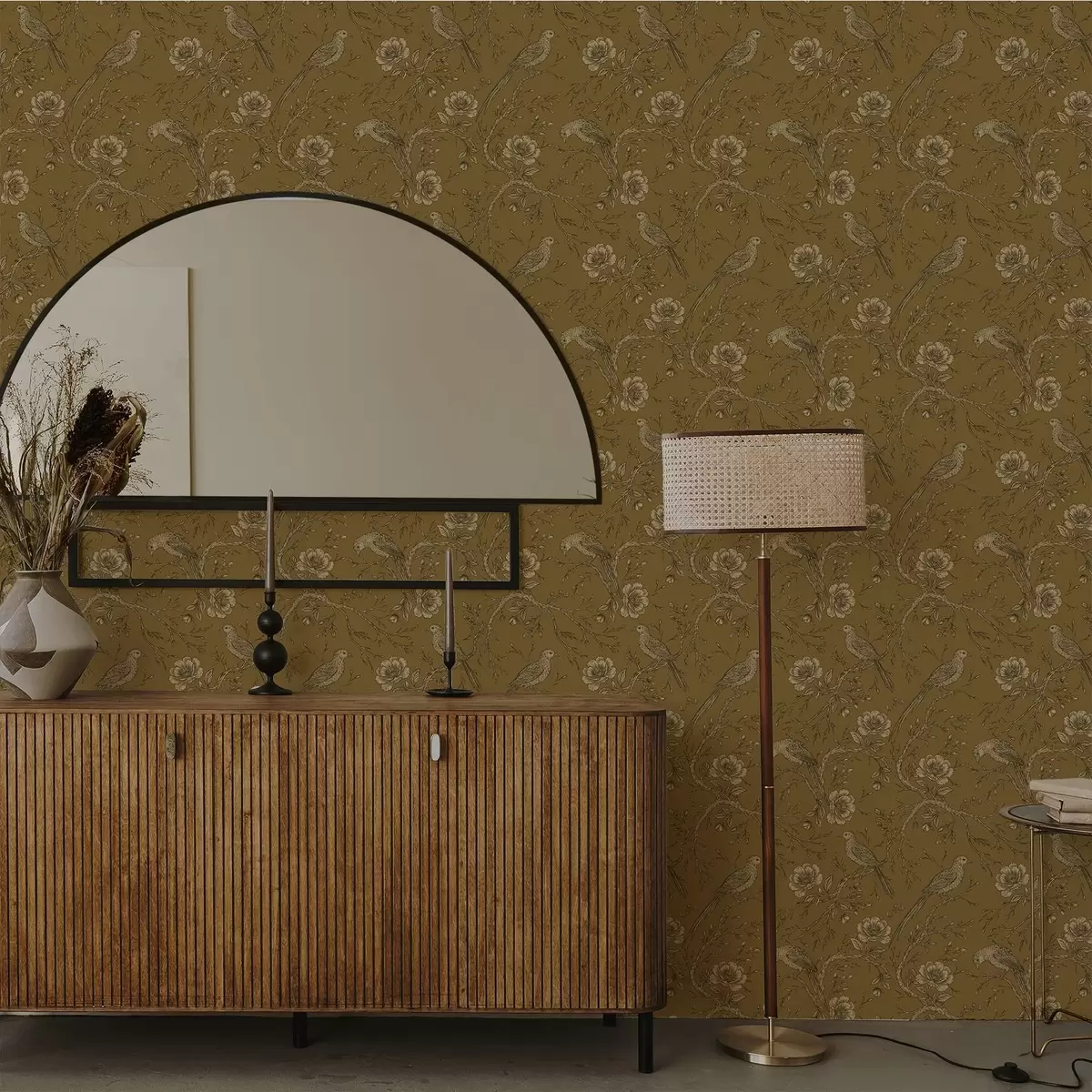 Papel pintado Aves y flores vintage sobre un cálido fondo oliva. a01022v1