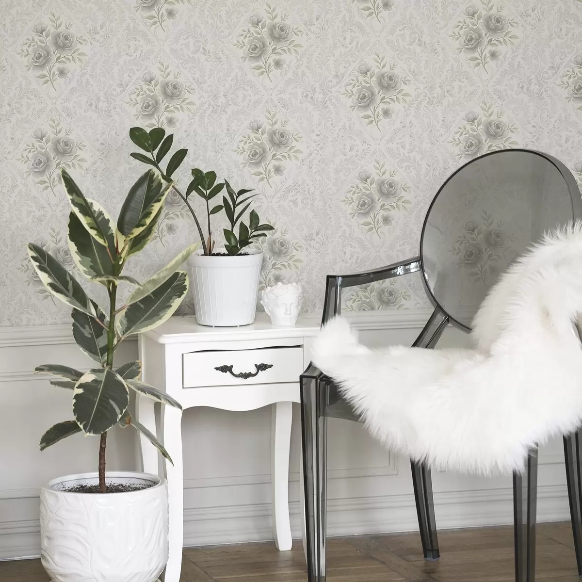 Papel pintado Diseño damasco claro con rosas grises en rombos suaves. a01024