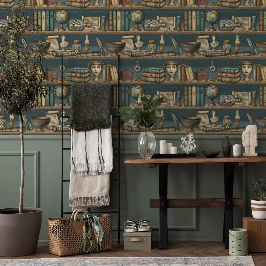 murales de pared Estanterías vintage con libros, un globo terráqueo y curiosidades marinas a01036