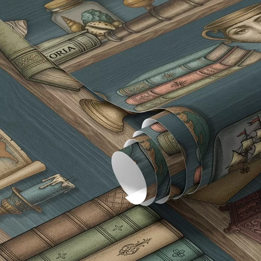 murales de pared Estanterías vintage con libros, un globo terráqueo y curiosidades marinas a01036