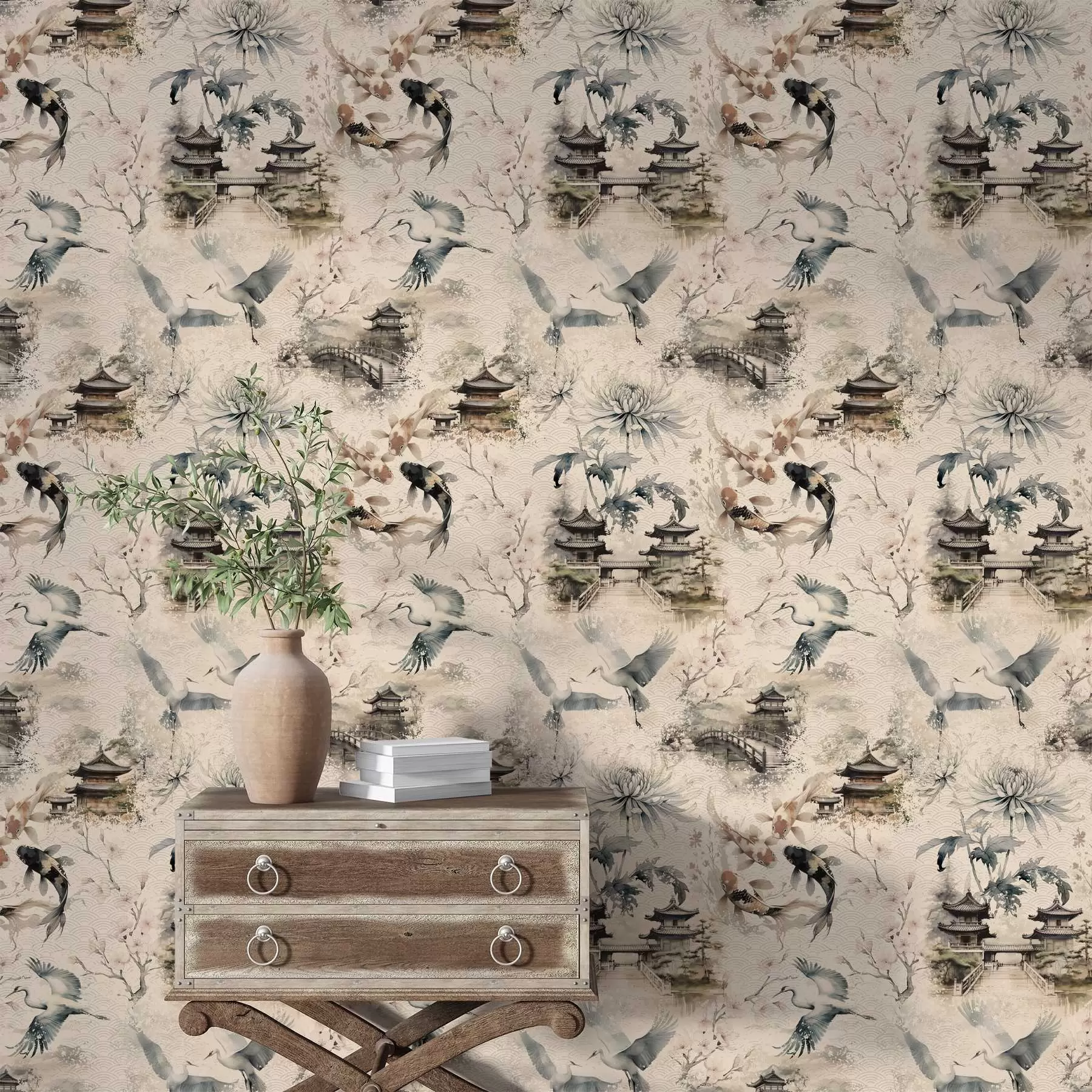 murales de pared Templos japoneses, peces koi y grullas sobre un fondo suave a01040