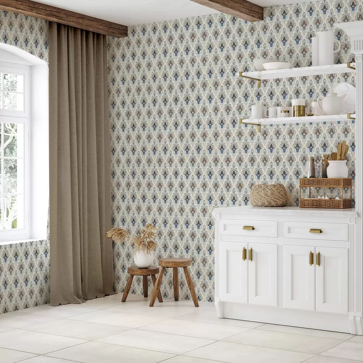 Papel pintado Patrón oriental de azulejos pequeños en una paleta de colores azul y arena. a01044