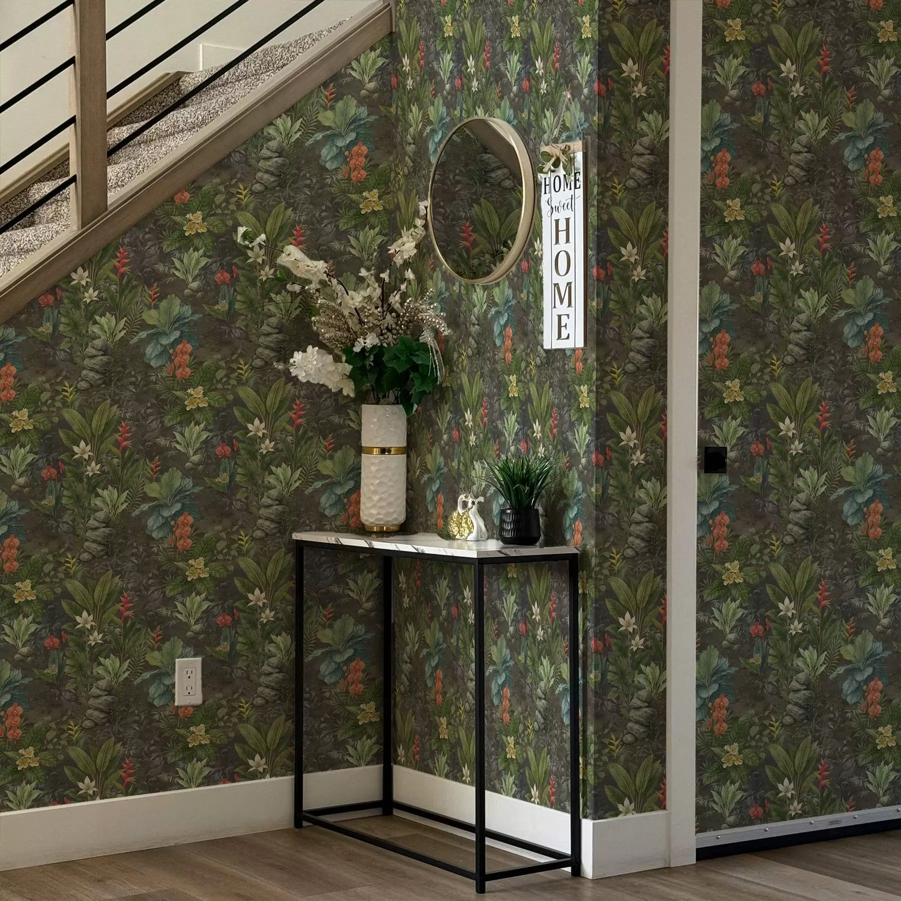 murales de pared Jardín tropical oscuro con flores y follaje brillantes a01079