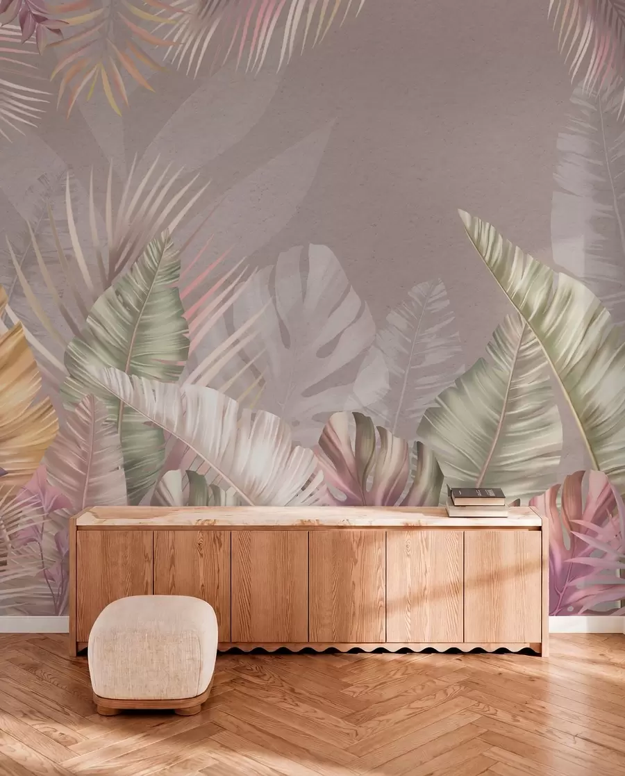 murales de pared Hojas tropicales en suaves tonos pastel w01684