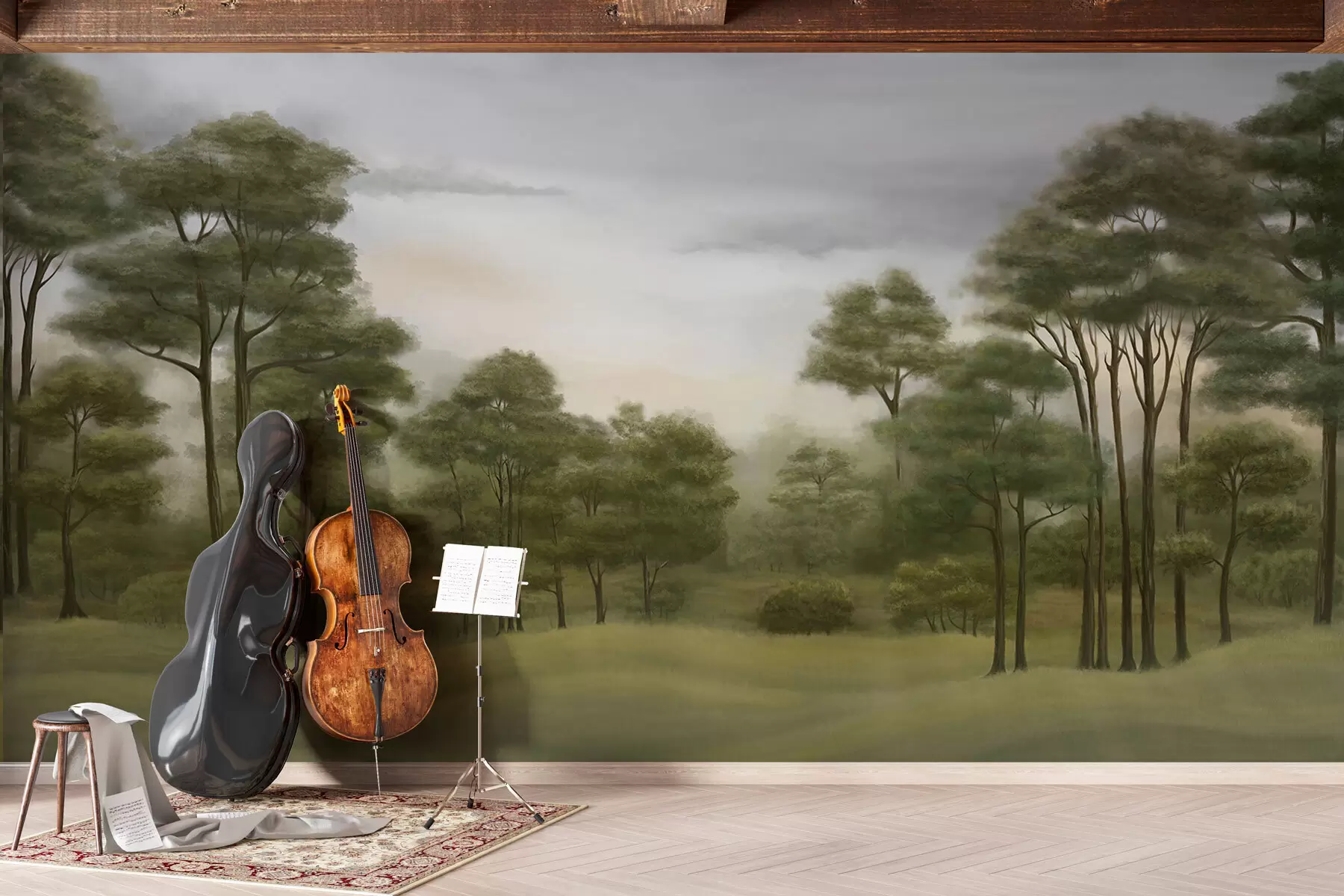 murales de pared Tranquilo paisaje forestal en tonos suaves w02193