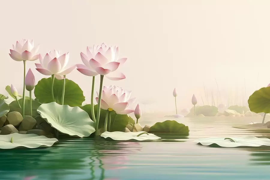 murales de pared Flores de loto rosadas sobre el agua, un tranquilo paisaje tropical. w09561