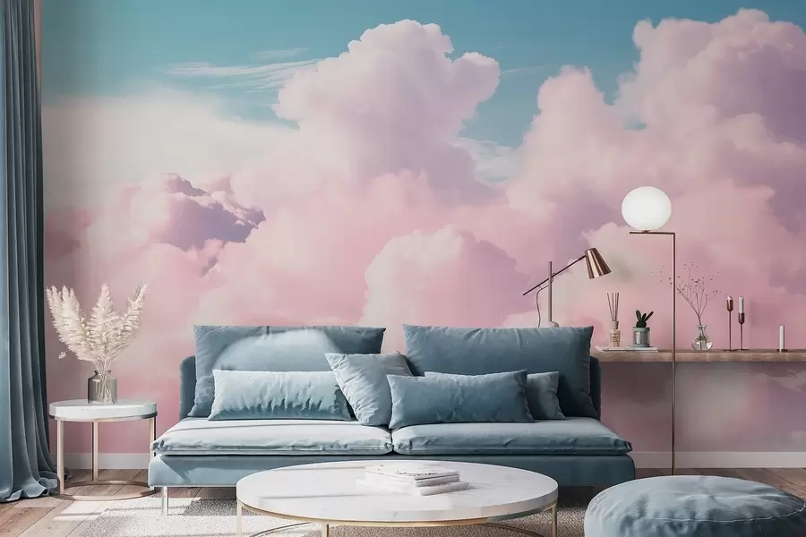 murales de pared Suaves y vaporosas nubes rosadas en un cielo azul. w09569